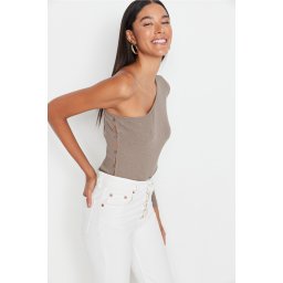 Trendyol Mink Cut Out Button Detailed Ribbed Flexible Snaps Knitted Body