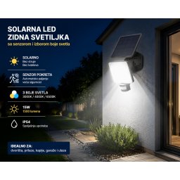 Solarna LED zidna lampa 15W sa senzorom i promenljivom bojom svetlosti