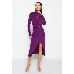 Trendyol Damson Fitted Knitted Window/Cut Out Detailed Evening Dress
