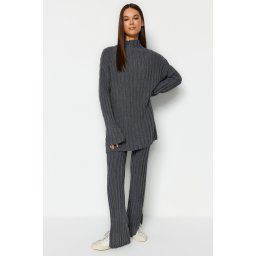 Trendyol Anthracite Corded Trousers Slit Detailed Knitwear Bottom-Top Set