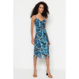 Trendyol Blue Patterned Pleated Tulle Bodycone/Body Fitted Stretch Knit Dress