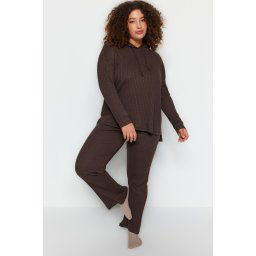 Trendyol Curve Brown Hooded Collar Relaxed Fit Knitted Camisole Plus Size Top-Bottom Set