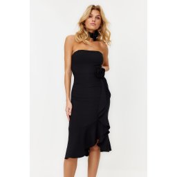 Trendyol Woven Elegant Evening Dress with Black Rose Accessories