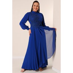 By Saygı Bead Embroidered Lined Flounce Front Plus Size Long Chiffon Dress