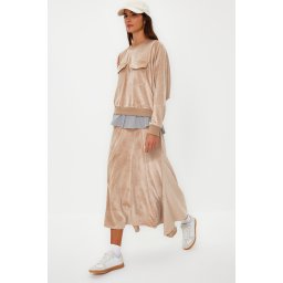Trendyol Light Brown Velvet Undershirt Compression Detailed Knitted Skirt Two Piece Set