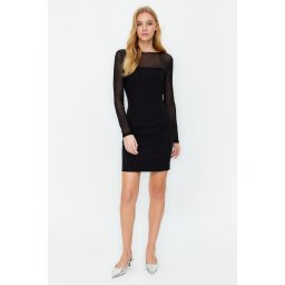 Trendyol Black Striped, Fitted, Tulle Collared Woven Mini Dress