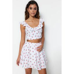 Trendyol Fruit Patterned Woven Ruffled 100% Cotton Blouse and Skirt Suit