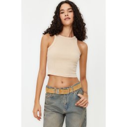 Trendyol Beige Weathered/Faded Effect Crop Fitted Halter Neck Cotton Stretch Knit Knitted Undershirt