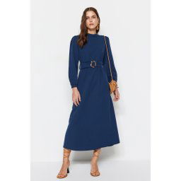Trendyol Navy Blue Belted High Collar Linen Look Woven Dress