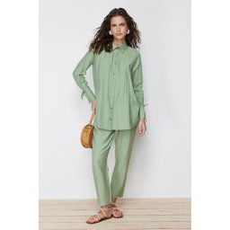 Trendyol Khaki Pleat Detailed Woven Linen Look Shirt Trousers Bottom Top Suit
