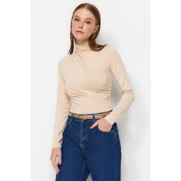 Trendyol Stone Gathered Detail High Neck Snaps Elastic Knitted Bodysuit