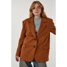 Happiness İstanbul Women's Tan Premium Suede Blazer Jacket