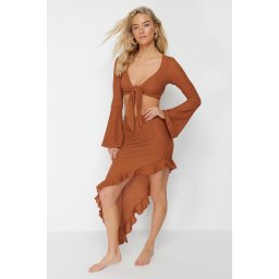 Trendyol Brown Body-Smoothing Woven Ruffle Blouse Beach Skirt Set