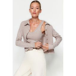 Trendyol Beige Button Detailed Shirt Collar Soft Knitted 2-Pack Athlete- Cardigan Suit