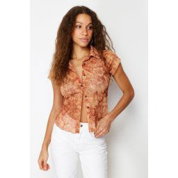 Trendyol Multi-Colored Fitted Shirt Collar Tulle Stretch Knitted Blouse
