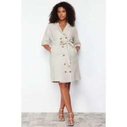 Trendyol Curve Beige Double Breasted Woven Jacket Linen Blend Dress