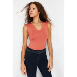 Trendyol Tile Fitted Zero Sleeve V-Neck Flexible Snap Fastener Knitted Body
