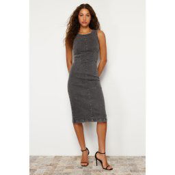 Trendyol Anthracite Fitted/Fits Body Midi Denim Dress