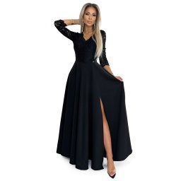 AMBER Elegant Lace Long Dress with Neckline and Slit on Legs - Black