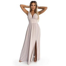 Long brocade dress with neckline and stitching at the waist Numoco