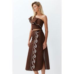 Trendyol Beach Wear Brown Woven Flounce One Shoulder 100% Cotton Blouse Skirt Set