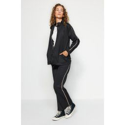 Trendyol Black Zippered Diver/Scuba Cardigan-Pants Knitted Piping Bottom-Top Set