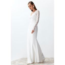 Trendyol Bridal White Fitted Woven Lace Wedding/Nupture Long Evening Evening Dress