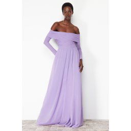Trendyol Lilac A-Cut Carmen Neckline Knitted Tulle Long Evening Evening Dress