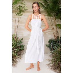 Trendyol White Belted Maxi Woven Tie-Up 100% Cotton Beach Dress