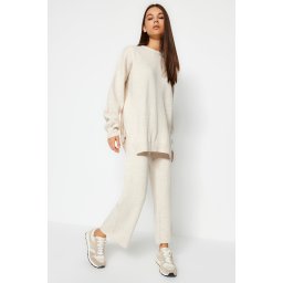 Trendyol Beige Wide Pattern Balloon Sleeve Knitwear Top-Top Set