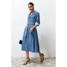 Trendyol Light Blue Belted Jacket Collar Maxi Denim Dress