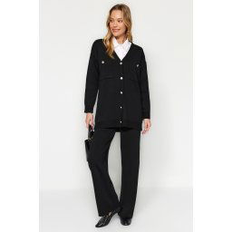 Trendyol Black Buttoned Cardigan-Pants Knitwear Two Piece Set