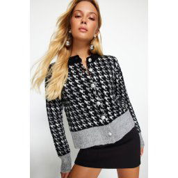 Trendyol Black Boucle Yarn Patterned Jacket-Looking Knitwear Cardigan