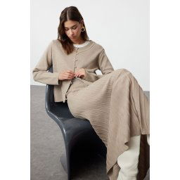 Trendyol Mink Buttoned Cardigan-Skirt Knitwear Top-Top Set