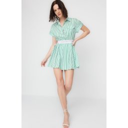Trendyol X Sagaza Studio White-Green Elastic Detailed Poplin Dress