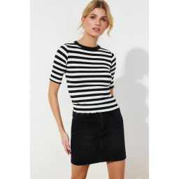 Trendyol Black Baby Overlock Detailed Striped Fitted Stretchy Knitted Blouse