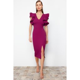 Trendyol Plum Ruffle Detailed Woven Elegant Evening Dress