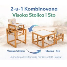 Drvena hranilica za decu set 2 u 1 - visoka stolica i sto sa stolicom za decu