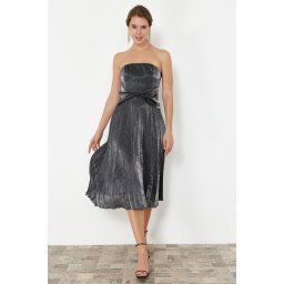 Trendyol Anthracite A-Cut Pleated Shiny Woven Elegant Evening Dress