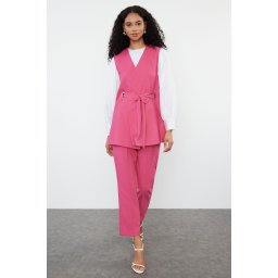 Trendyol Fuchsia Accessory Detailed Woven Fabric Vest Trousers Top and Bottom Set