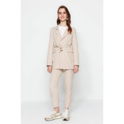 Trendyol Stone Tie Detail Lined Crepe Jacket-Trousers Woven Two Piece Set