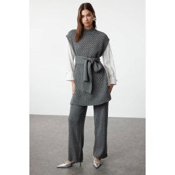 Trendyol Anthracite Belted Brass Knitted Sweater-Pants Knitwear Bottom-Top Set