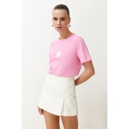 Trendyol Pink 100% Cotton Star Printed Regular/Normal Pattern Crew Neck Knitted T-Shirt
