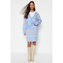 Trendyol Blue Wide Fit Self-Patterned Knitwear Skirt Bottom-Top Set