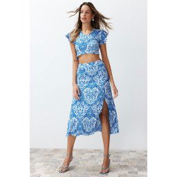 Trendyol Blue Patterned Slit Ribbed Flexible Knitted Blouse Skirt Top-Bottom Set