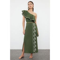 Trendyol Khaki Woven Flounce One Shoulder 100% Cotton Blouse Skirt Beach Suit
