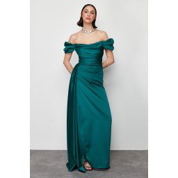 Trendyol Emerald Green Woven Satin Long Elegant Evening Dress