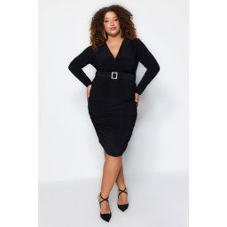 Trendyol Curve Black Belt Detailed Knitted Elegant Evening Dress