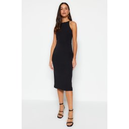 Trendyol Black Fitted Midi Pencil Skirt Woven Dress with Accessory Detail on the Collar