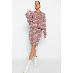 Trendyol Dusty Rose Knit Detailed Soft Texture Cardigan-Skirt Knitwear Bottom-Top Set